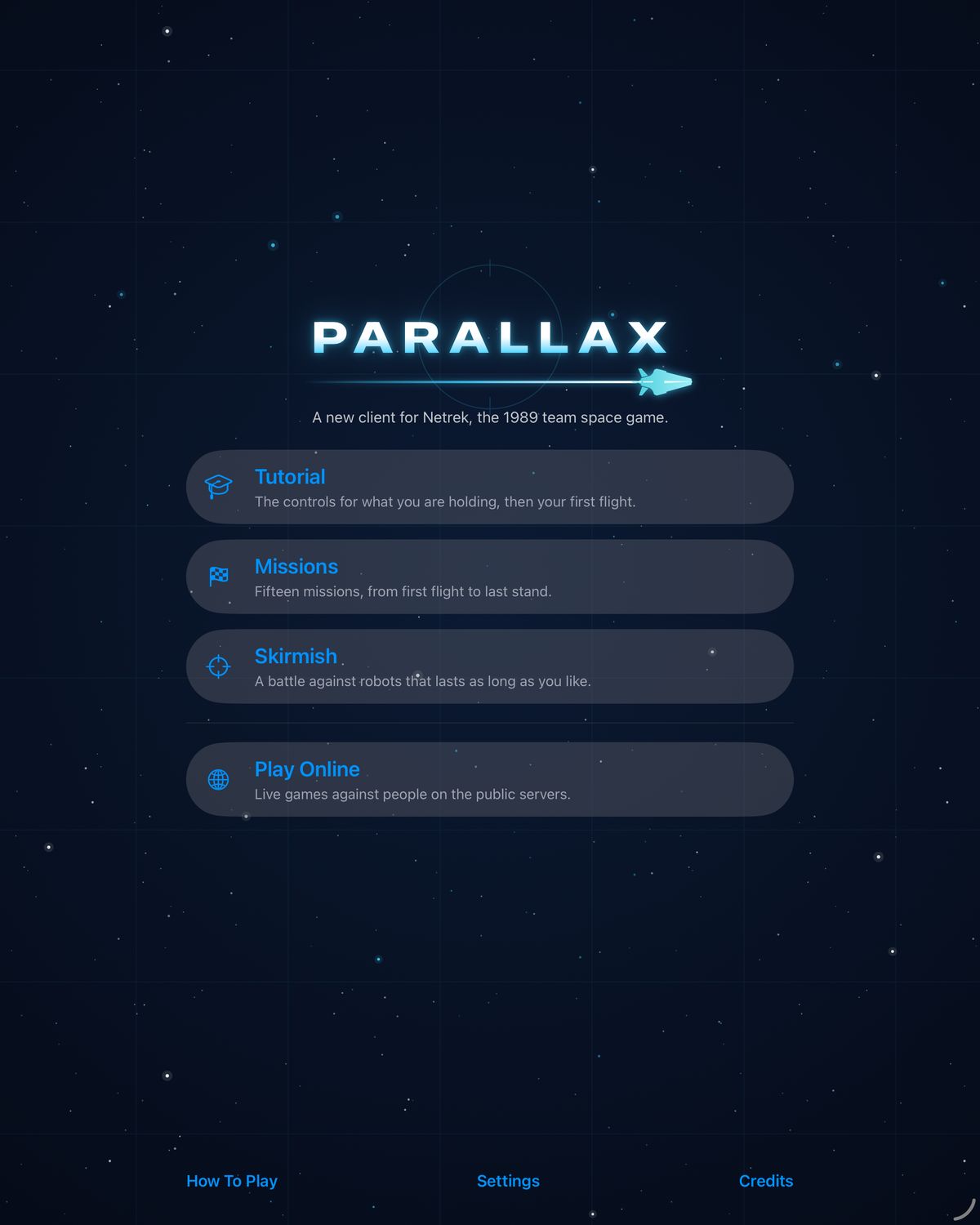 The Parallax menu on iPad: Tutorial, Missions, Skirmish and Play Online