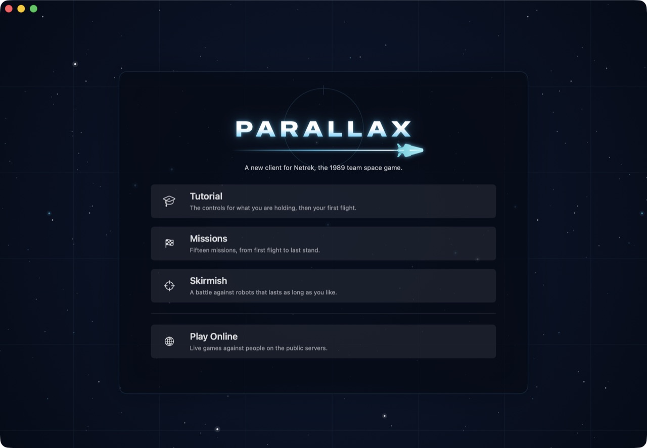 The Parallax menu on Mac: Tutorial, Missions, Skirmish and Play Online