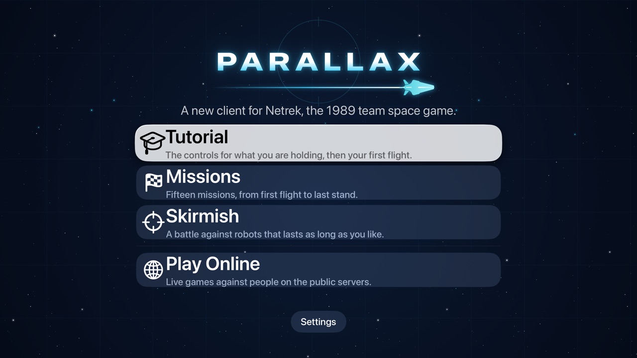 The Parallax menu on Apple TV: Tutorial, Missions, Skirmish and Play Online